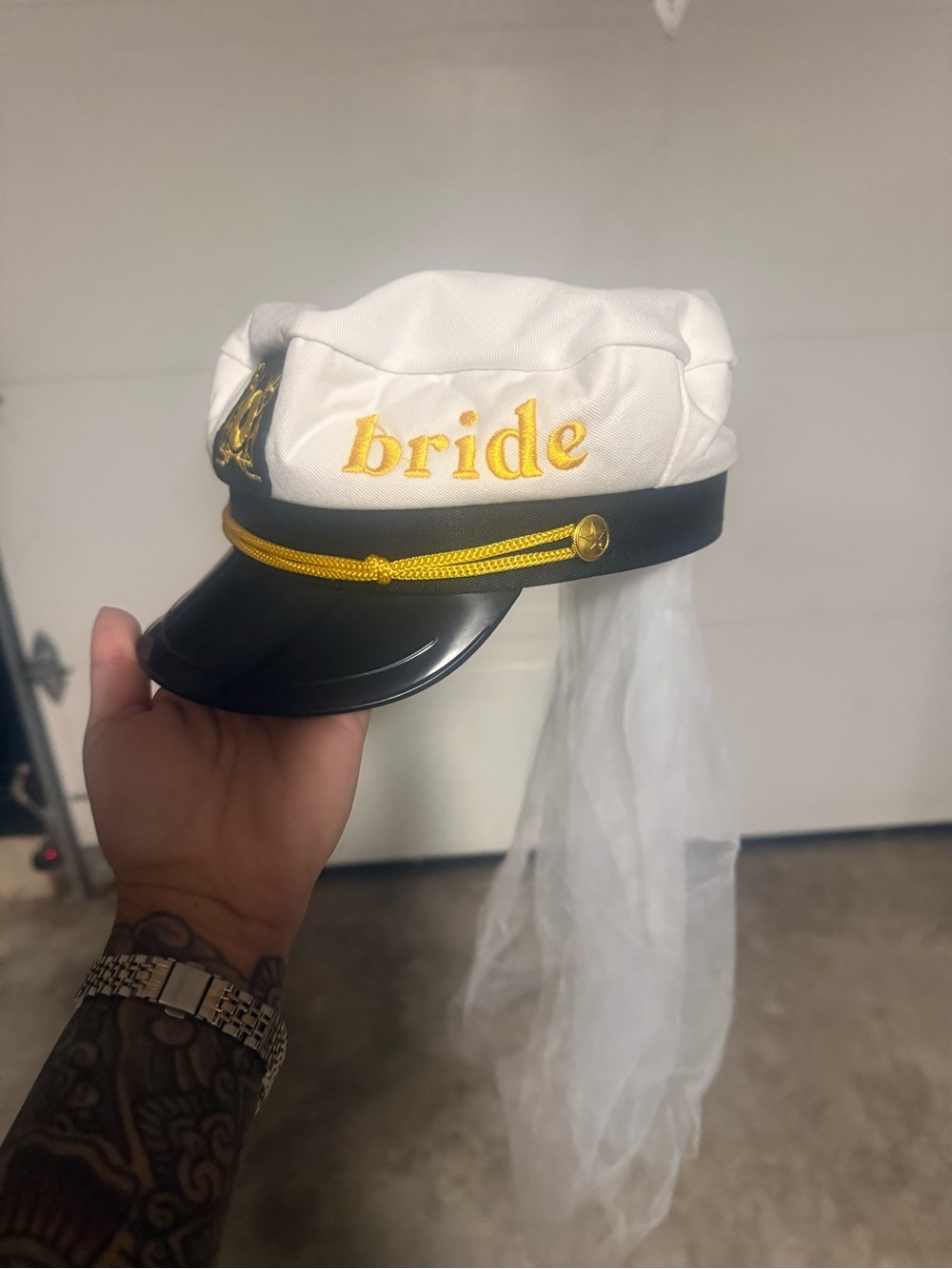 Bride Embroidered White Captain Hat with Veil